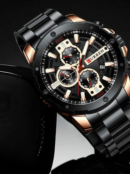 Curren Ανδρικό Ρολόι 49mm Χρονογράφος Μπαταρίας με Μαύρο Μεταλλικό Μπρασελέ