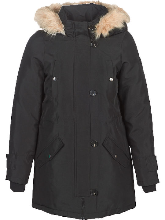 Lang Damen Parka Jacke mit pelziger Kapuze für Winter Schwarz
