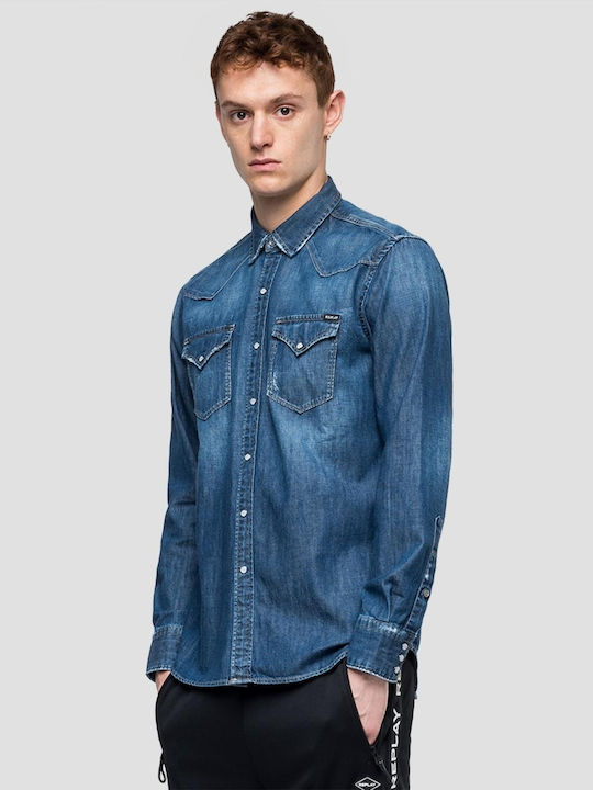 Replay Cămașă Bărbătească Cu mânecă lungă Denim Monocrom Albastru