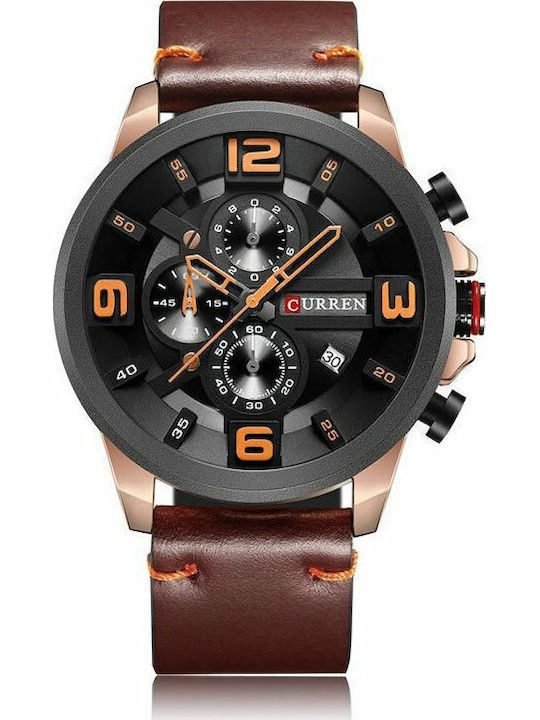 Curren Ανδρικό Ρολόι 48mm Χρονογράφος Μπαταρίας με Δερμάτινο Λουράκι Brown