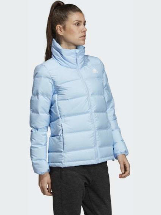 Adidas Helionic 3-Stripes Κοντό Γυναικείο Puffer Μπουφάν για Χειμώνα Γαλάζιο