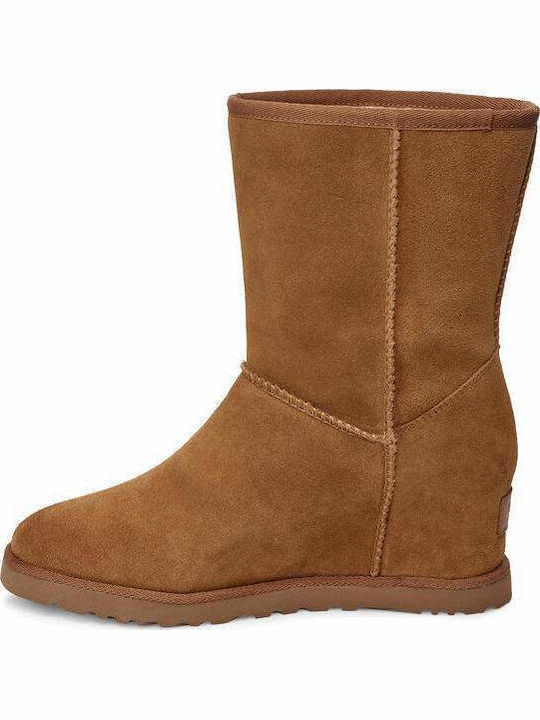 Suede Medium Heel Women's Boots with Fur Classic Femme Short Chestnut