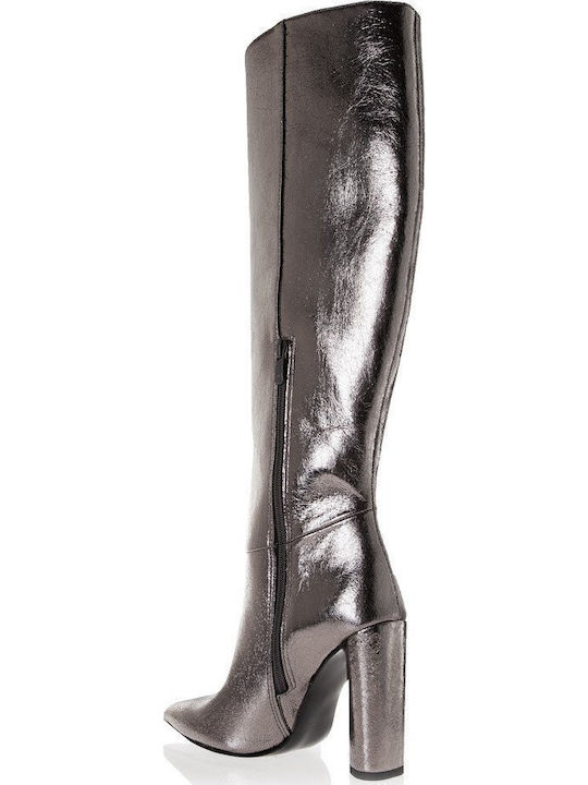 Leather High Heel Women's Boots with Zipper Silver