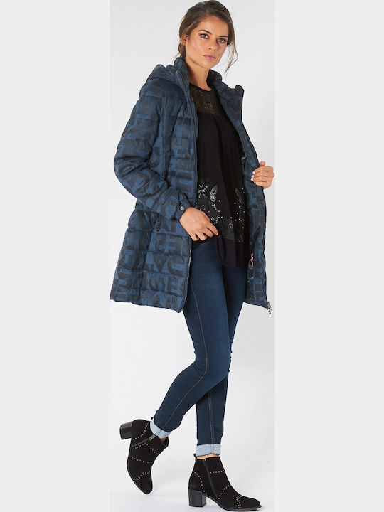 Letras Women's Long Puffer Jacket for Winter with Hood Navy Blue