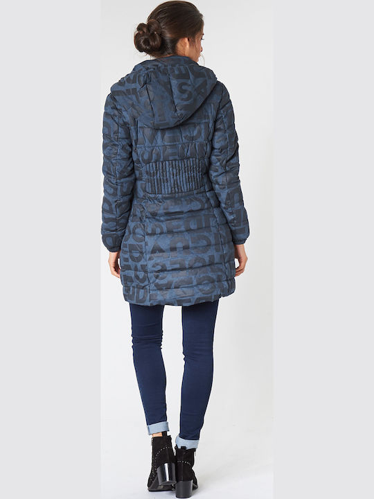Letras Women's Long Puffer Jacket for Winter with Hood Navy Blue