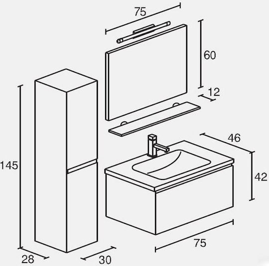 Pro Bagno Τιμαία 907B Πάγκος με Νιπτήρα & Καθρέπτη με Φως Μ75xΒ42xΥ46cm Λευκός Pro Bagno Τιμαία 907B Πάγκος με Νιπτήρα & Καθρέπτη με Φως Μ75xΒ42xΥ46cm Λευκός