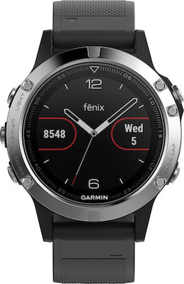Garmin Fenix 5 Stainless Steel 47mm Αδιάβροχο Smartwatch με Παλμογράφο (Silver with Black Band)