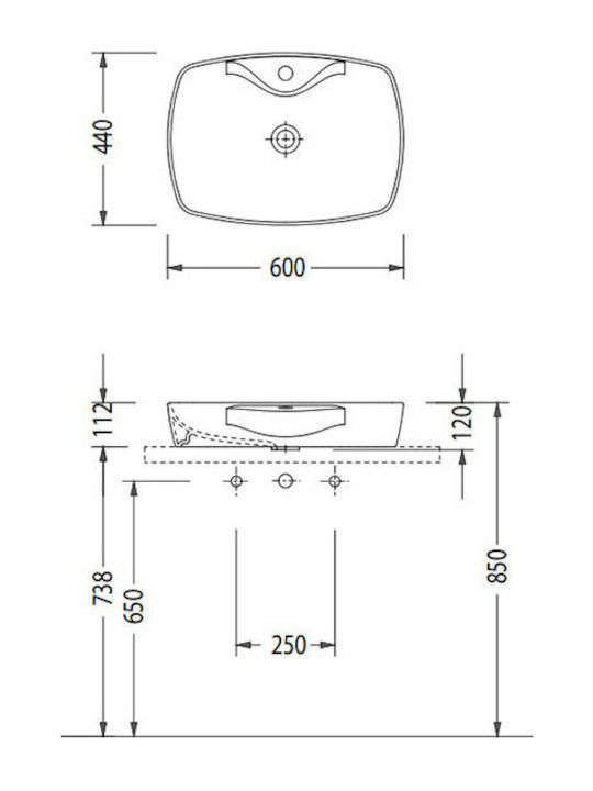 Serel 1634W Countertop Sink Porcelain 60x44x12cm White