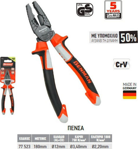 Benman 77523 Πένσα Ίσια Powergrip Μήκους 180mm