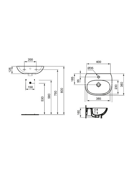 Ideal Standard Tesi II Light Επιτοίχιος Κρεμαστός Νιπτήρας Πορσελάνης 45x36cm Λευκός