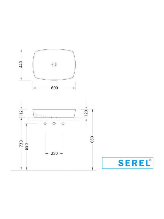 Serel 1633-300 Aufgesetztes Waschbecken Porzellan 60x44x12cm Weiß