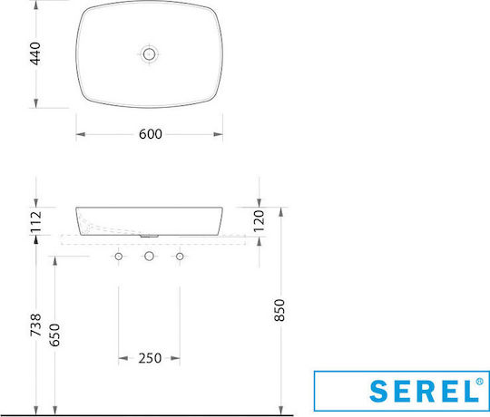 Serel 1633-300 Aufgesetztes Waschbecken Porzellan 60x44x12cm Weiß