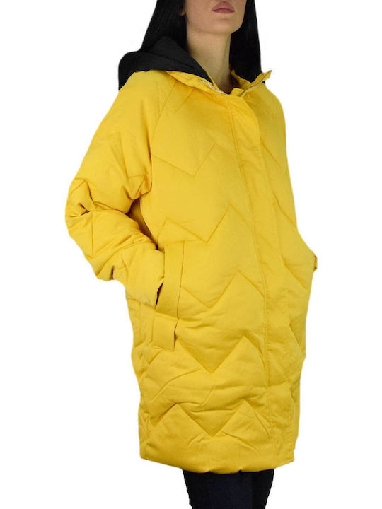 Women's Long Puffer Jacket for Winter with Hood Yellow