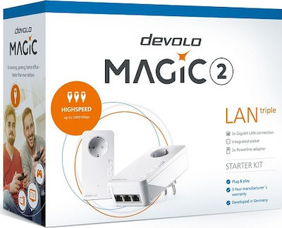 Devolo Magic 2 LAN triple Powerline Διπλού Kit για Ενσύρματη Σύνδεση με  Passthrough Πρίζα και 3 Θύρες Gigabit Ethernet