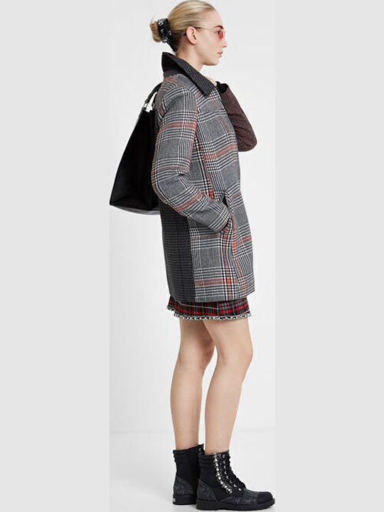 Kira Μάλλινο Γυναικείο Καρό Grey/Red Παλτό με Φερμουάρ