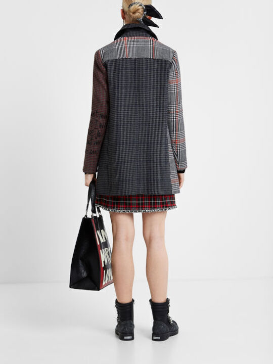 Kira Μάλλινο Γυναικείο Καρό Grey/Red Παλτό με Φερμουάρ