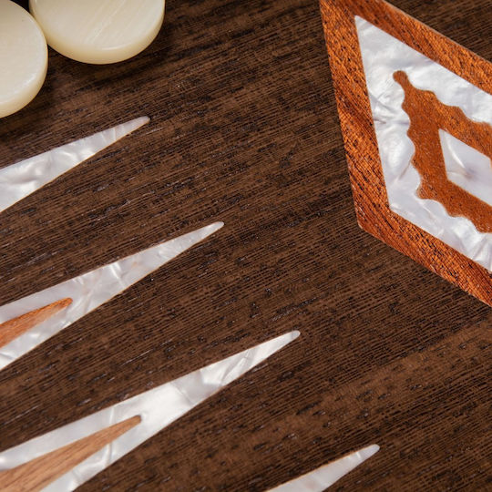 Manopoulos Natural Burl with Pearl Elements Handgefertigt Backgammon Holz mit Spielsteinen 48x48cm