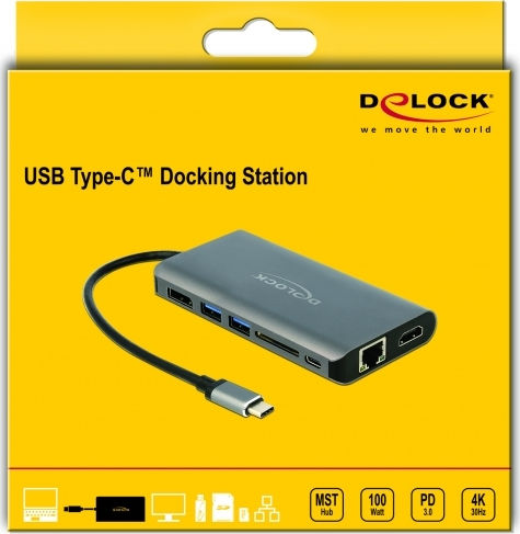 DeLock USB-C Docking Station με HDMI/DisplayPort 4K PD Ethernet και συνδεση 2 Οθονών Ασημί (87683)