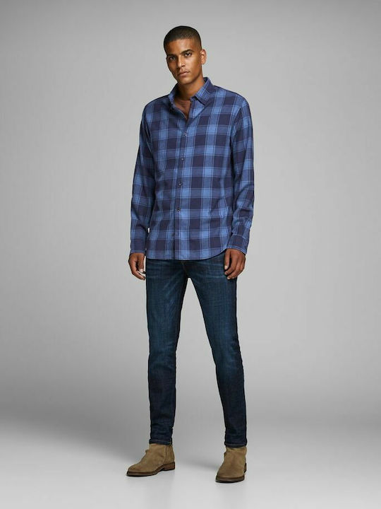 Jack & Jones Men's Shirt Long Sleeve Cotton Checked Ensign Blue