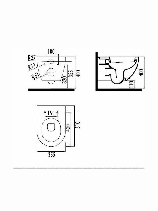 Creavit Free Wandhängende Toilette mit Deckel Duroplast Sanftes Schließen Weiße