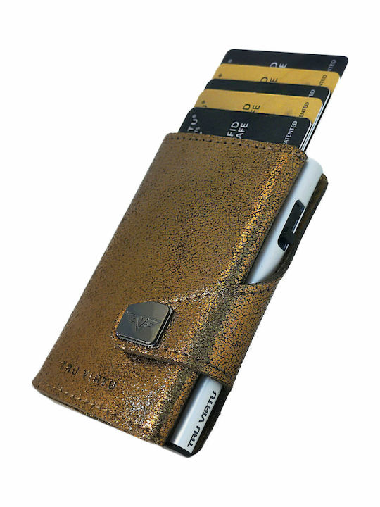 Click & Slide Δερμάτινο Ανδρικό Πορτοφόλι Καρτών με RFID και Μηχανισμό Slide Χρυσό