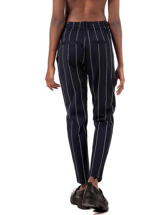 Only Women's High-waisted Fabric Capri Trousers in Straight Line Striped Navy Blue