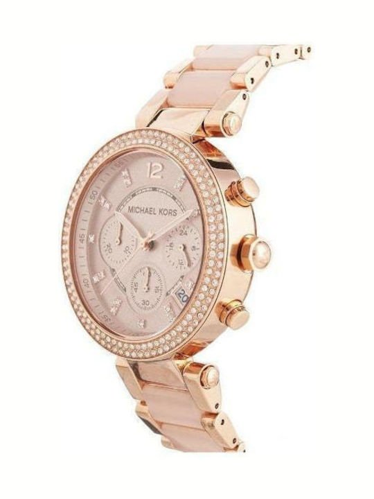 Michael Kors Parker Γυναικείο Ρολόι 39mm Χρονογράφος Μπαταρίας με Ροζ Χρυσό Κεραμικό Μπρασελέ