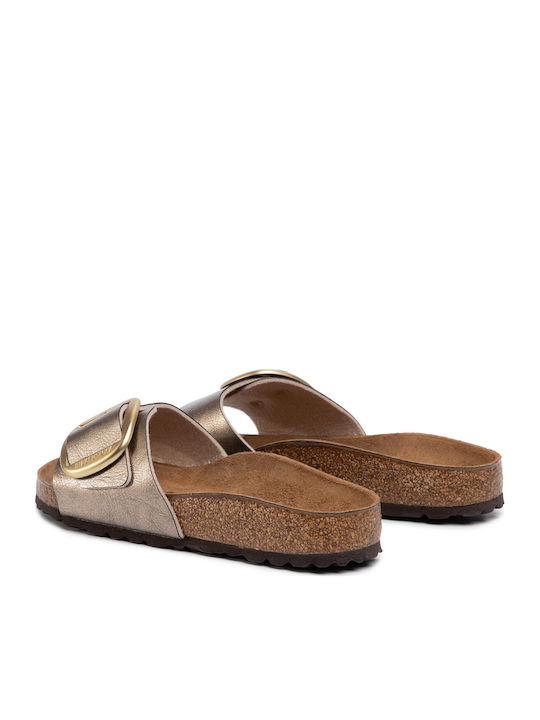 Madrid Big Buckle Birko-Flor Flache Sandalen für Damen Gold Schmale Passform