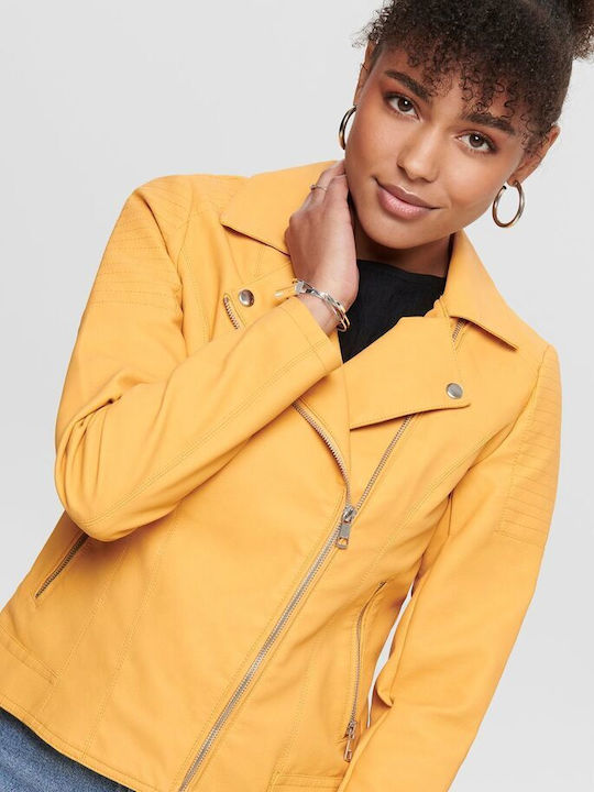 Women's Short Biker Artificial Leather Jacket for Winter Golden Apricot