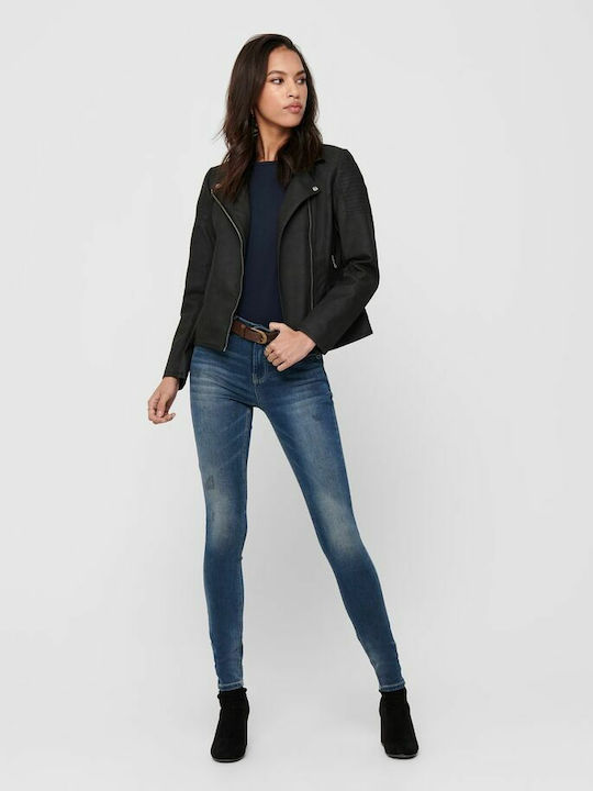 Women's Short Biker Artificial Leather Jacket for Winter Black