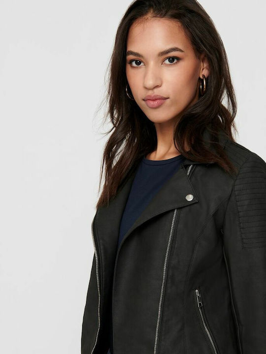 Women's Short Biker Artificial Leather Jacket for Winter Black