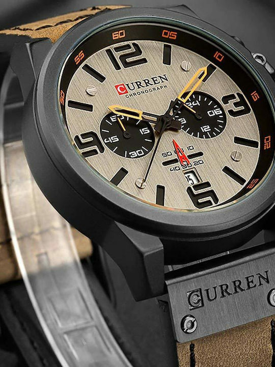 Curren Men's Watch 47mm Chronograph Battery with Leather Strap Beige/Brown