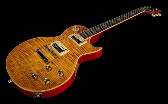 Vintage V100AFD ReIssued Electric Guitar Single cut with HH Pickup Configuration Paradise Flamed Amber
