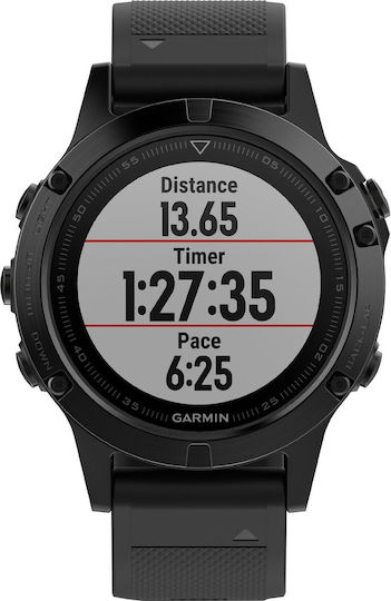 Garmin Fenix 5 Stainless Steel 47mm Αδιάβροχο Smartwatch με Παλμογράφο (Black with Black Band)