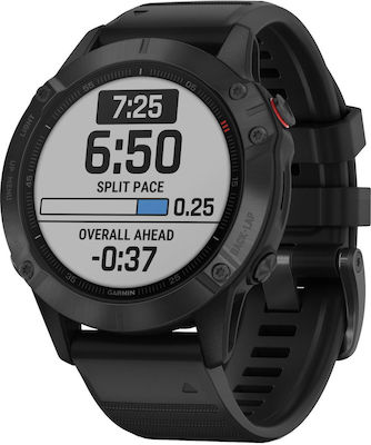 Garmin Fenix 6 Pro Stainless Steel 47mm Αδιάβροχο Smartwatch με Παλμογράφο (Black with Black Band)