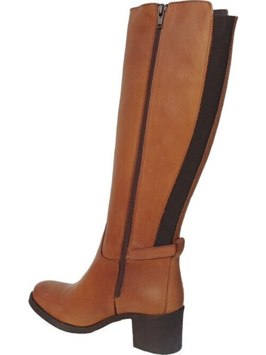 Leder Damenstiefel mit mittlerem Absatz & Gummizug Tabac Braun