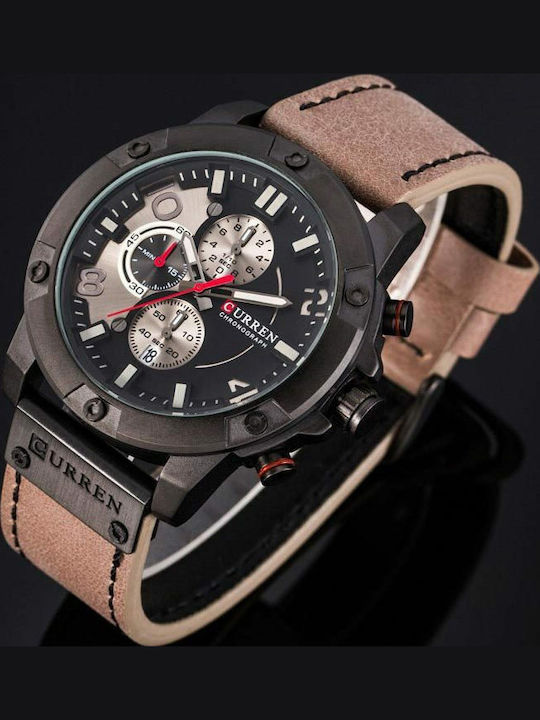 Curren Ανδρικό Ρολόι 48mm Χρονογράφος Μπαταρίας με Μπεζ Δερμάτινο Λουράκι
