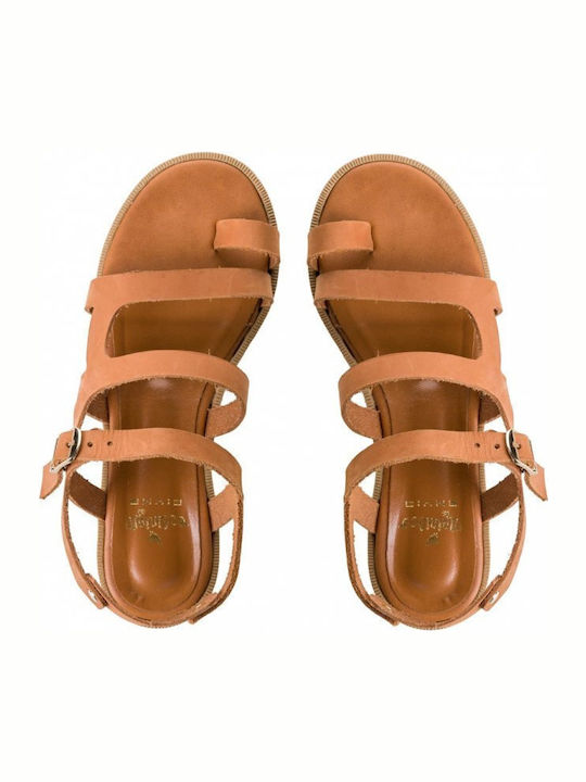 Leather Women's Flat Sandals in Tabac Brown Color