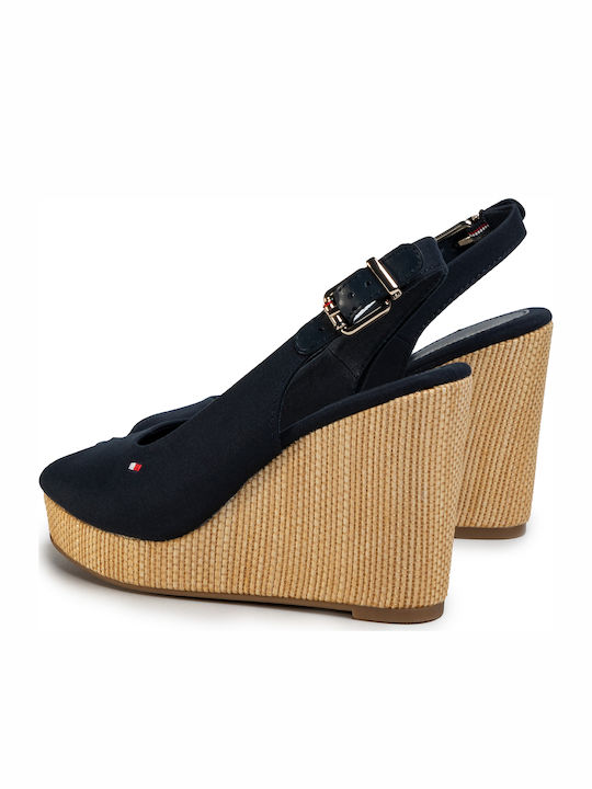 Iconic Elena Sling Back Women's Fabric Peep Toe Platforms Navy Blue