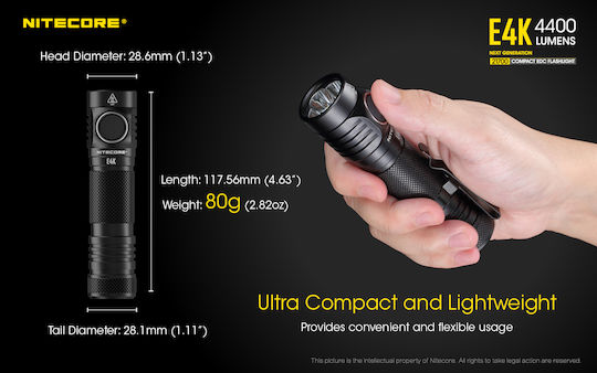 NiteCore Wiederaufladbar Taschenlampe LED IP68 mit maximaler Helligkeit 4400lm E4K Schwarz