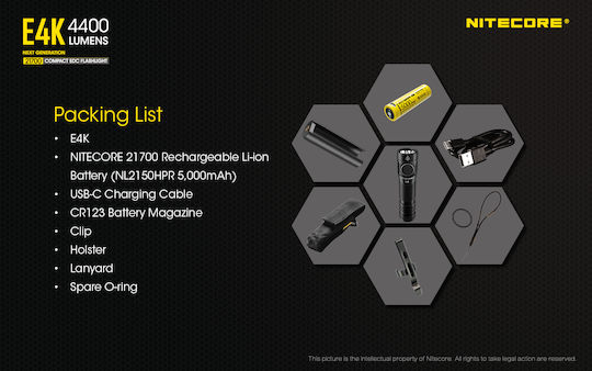 NiteCore Wiederaufladbar Taschenlampe LED IP68 mit maximaler Helligkeit 4400lm E4K Schwarz