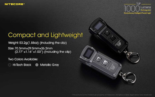 NiteCore Rechargeable Keychain Flashlight LED IP54 with Maximum Brightness 1000lm Tup Embedded Gray