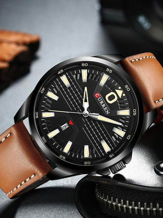 Curren Ανδρικό Ρολόι 47mm Μπαταρίας με Δερμάτινο Λουράκι Black/Tabac