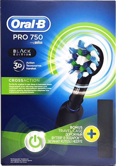 Oral-B Pro 750 CrossAction Black Edition Ηλεκτρική Οδοντόβουρτσα με Χρονομετρητή και Θήκη Ταξιδίου Μαύρη