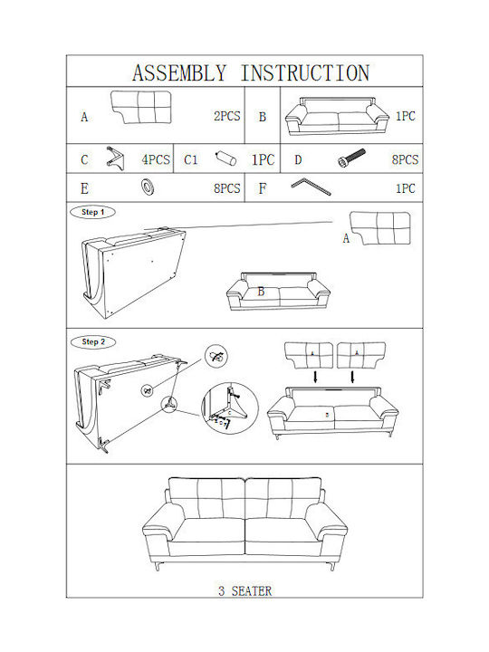 Note Τριθέσιος Καναπές Γκρι 211x89x85εκ.