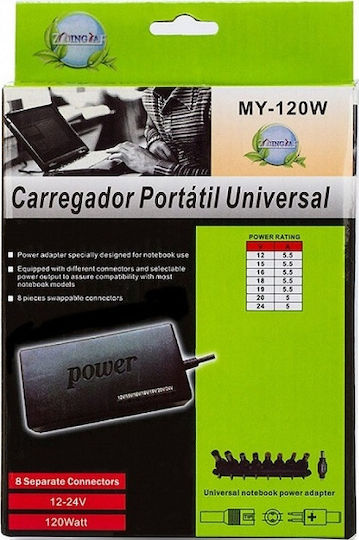 Minwa Universal Φορτιστής Laptop 120W 24V 5A με Αποσπώμενο Καλώδιο Τροφοδοσίας και με σετ βυσμάτων