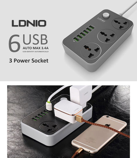 Ldnio Πολύπριζο 3 Θέσεων με 6 USB-A, Διακόπτη και Καλώδιο 2m
