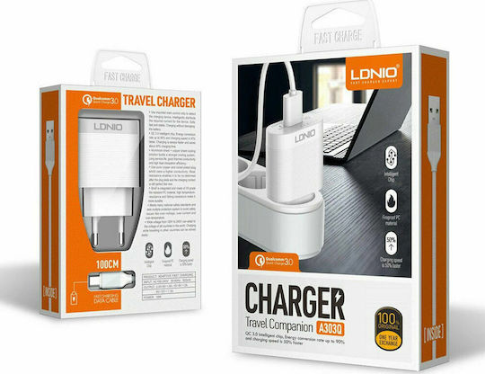 Ldnio Φορτιστής με Θύρα USB-A και Καλώδιο USB-C 18W Quick Charge 3.0 Λευκός (A303Q)