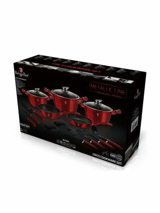 Berlinger Haus Metallic Line Cookware Set of Aluminum with Stone Coating Burgundy Collection 17pcs
