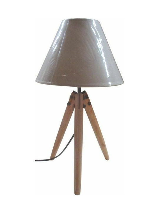 Inart Wooden Table Lamp for Socket E14 with Beige Shade and Base